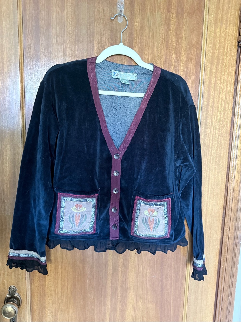 Papy Boez Velvet Embroidered Pocket Cardigan Sweater - Navy & Burgundy